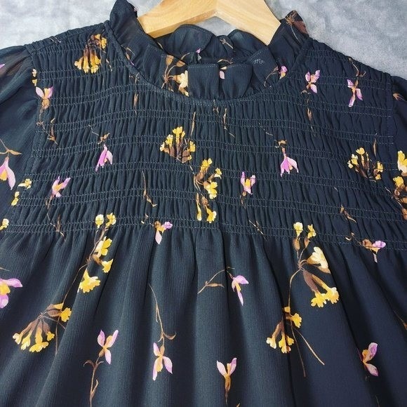 Madewell Womens S Black Floral Smocked Blouse Long Sleeve Romantic‎ Officewear - Picture 5 of 13
